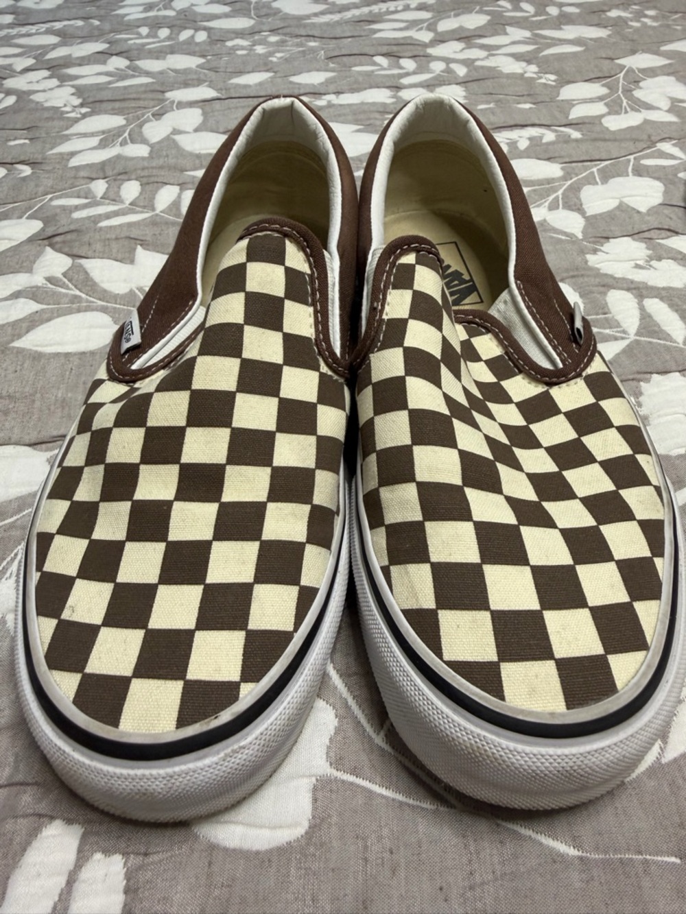 Vans Brown and Cream Checkerboard Slip-On Shoes